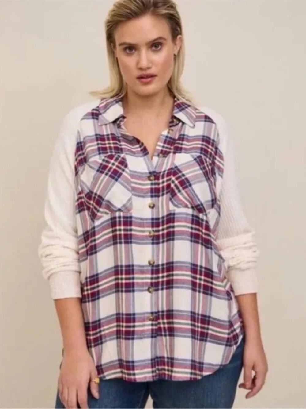 Torrid Brushed Rayon Plaid With Knit Waffle Sleeve Shirt Plus Size 0X